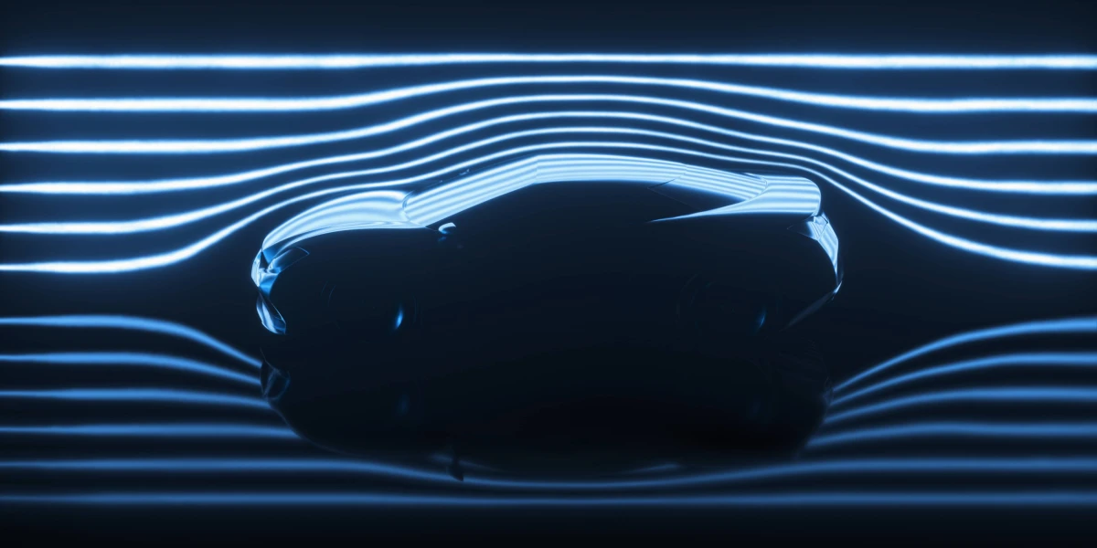 Car silhouette in a dark wind tunnel with glowing airflow streamlines, illustrating deep learning shape optimization