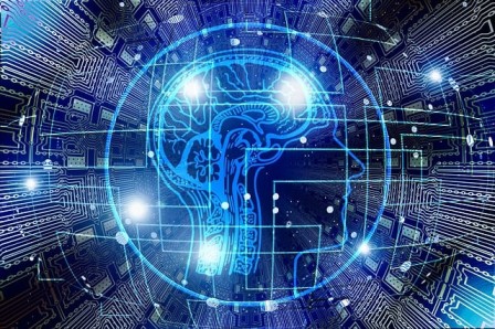 Digital illustration of a human head and brain over circuit lines, representing AI in product engineering