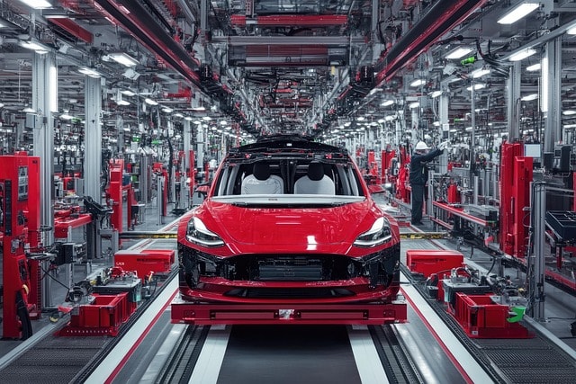 Red car body moving through an automated assembly line, illustrating automotive product development