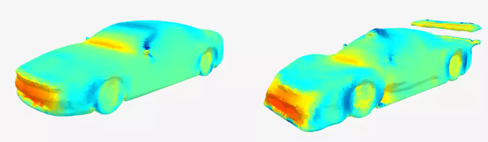 AI aerodynamic shape optimization with Neural Concept: baseline car design (left) vs optimized design (right)