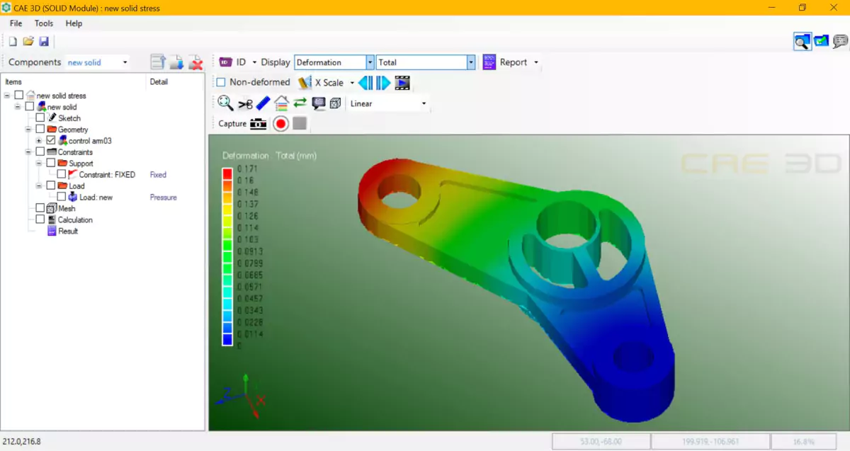 CAE 3D software showing a deformation contour on a control arm part under fixed constraints and pressure load