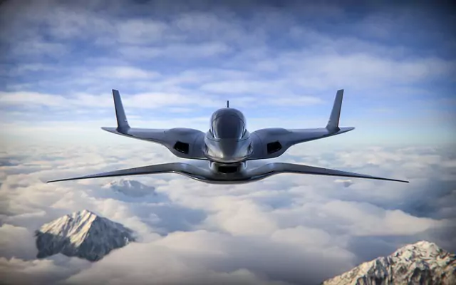 Rendering of a futuristic jet aircraft above the clouds, illustrating the simulation step of the design pipeline