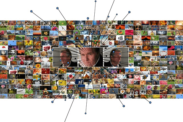 Mosaic of photos linked to a face recognized at the center, illustrating computer vision mapping images to labels