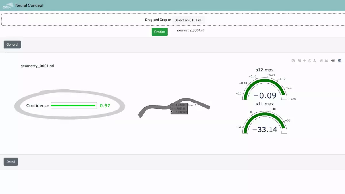 Neural Concept web app predicting antenna s11 and s12 maxima from an uploaded STL file with a 0.97 confidence score