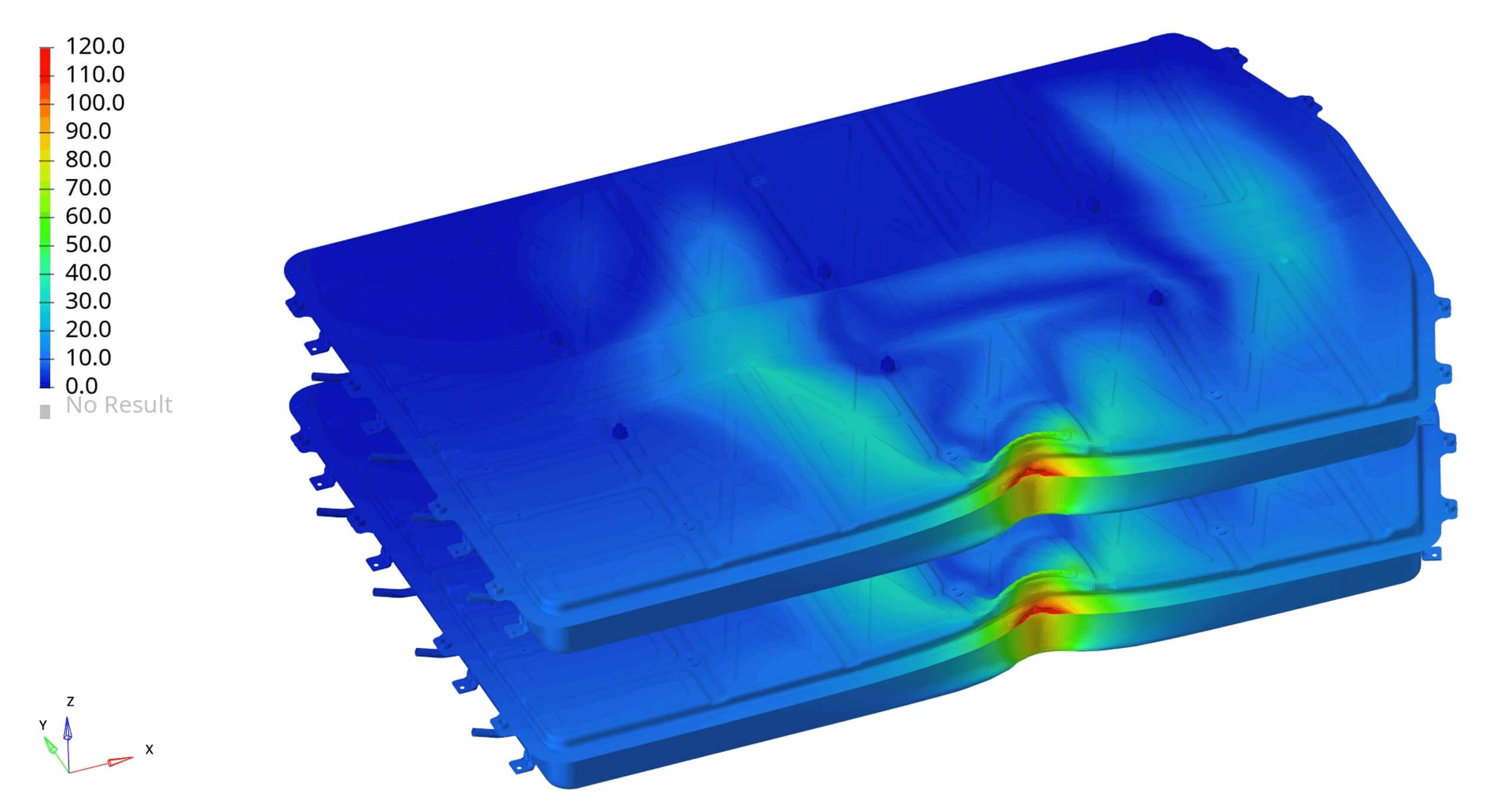 Two stacked crash simulation results on a panel structure, contours peaking in red at a local deformation zone