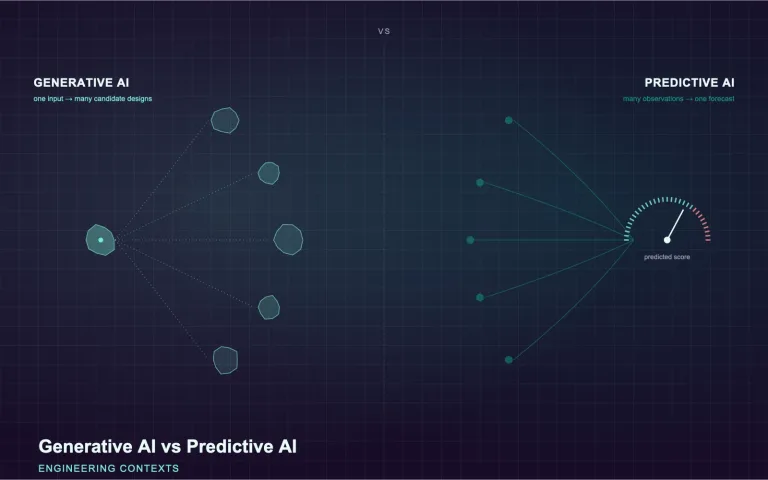 Generative AI vs predictive AI: one input branching into many candidate designs vs many observations converging to one score