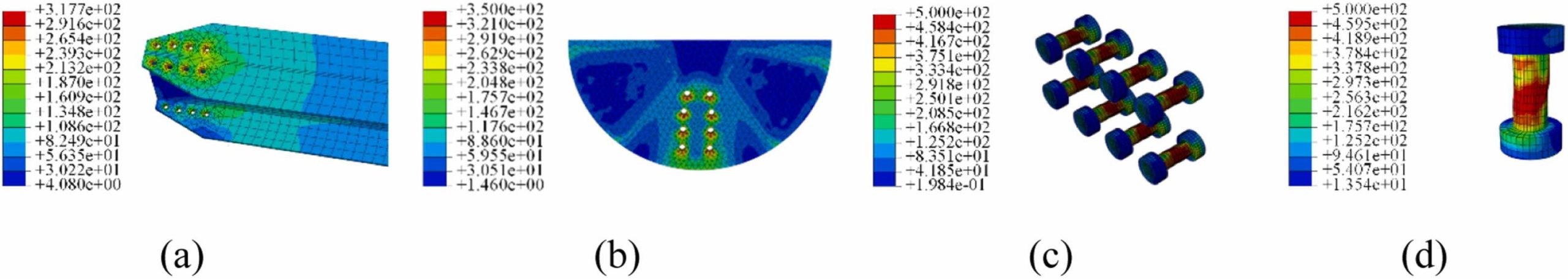 Von Mises stress contours in four components of an aluminum alloy grid shell connection, from member end to single bolt
