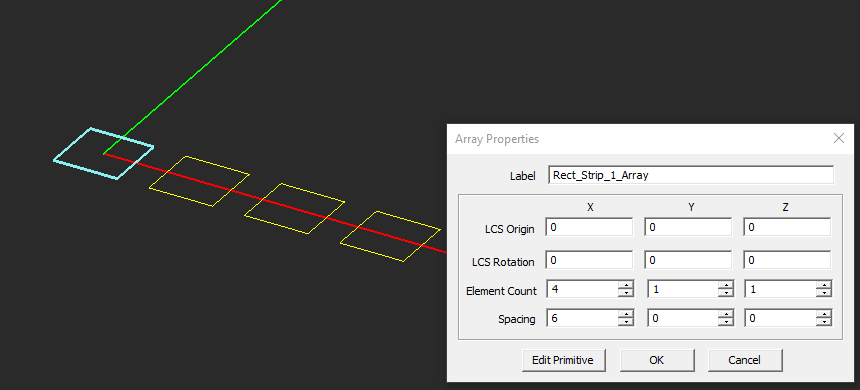 CAD array tool duplicating a rectangular strip four times at fixed spacing, an example of simple pre-AI design automation