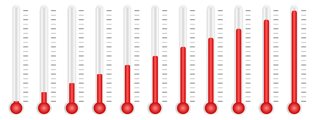 Row of thermometers with rising temperature levels, illustrating thermal comfort in vehicle HVAC design