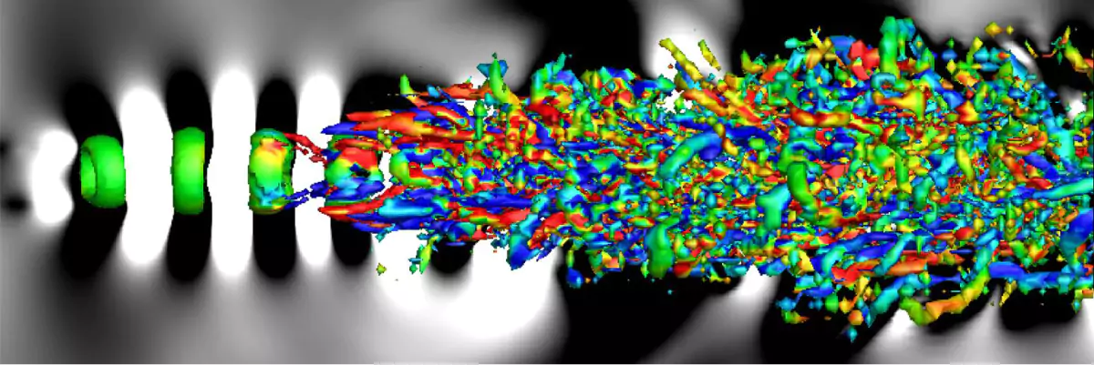 CFD visualization of turbulent vortex structures in a flow with radiated acoustic pressure waves, an example of aeroacoustics