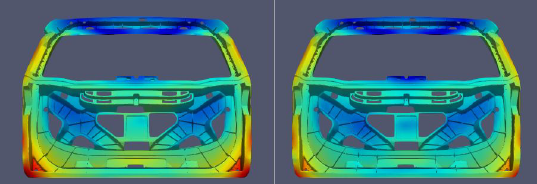 Side-by-side CAE simulation and Neural Concept AI prediction on a vehicle tailgate structure, showing excellent correlation