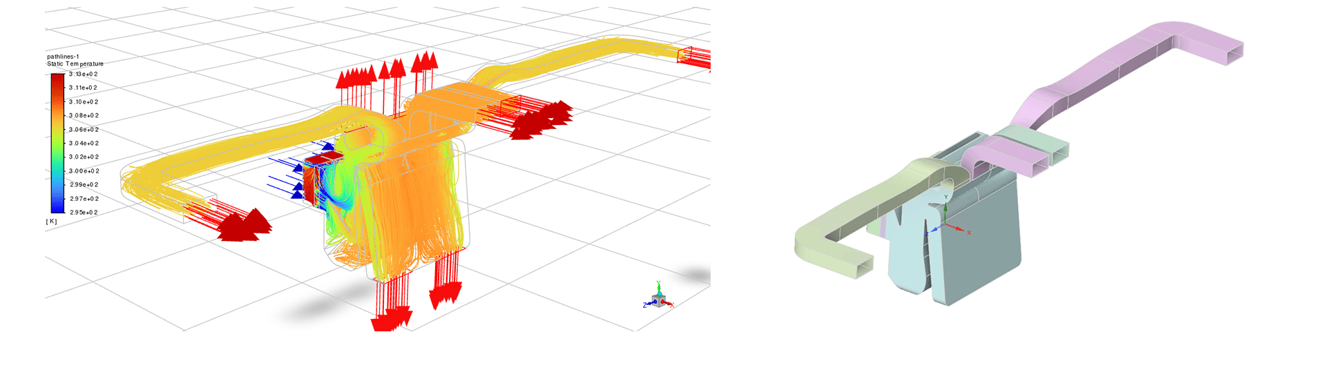 CFD results for an HVAC duct showing outlet flow streamlines (left) beside the CAD geometry of the unit (right)