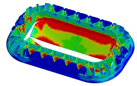 FEM contour plot on a ribbed oval component, from a Mitsubishi material characterization study with Neural Concept