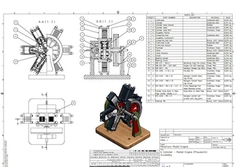 CAD drawing sheet of a five-cylinder radial model engine with section views, 3D render and parts list