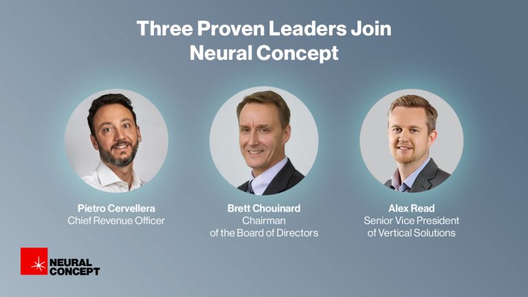 Portraits of Pietro Cervellera (CRO), Brett Chouinard (Chairman) and Alex Read (SVP Vertical Solutions) joining Neural Concept
