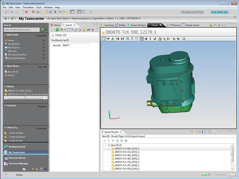 Siemens Teamcenter Express 9.1 viewer showing a 3D part model alongside item search results
