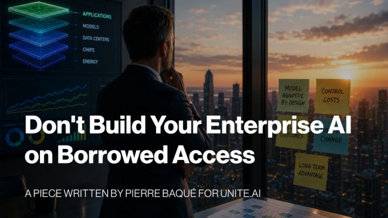 Executive at a city window beside an AI stack diagram, title card for Pierre Baqué's Unite.AI piece on borrowed access