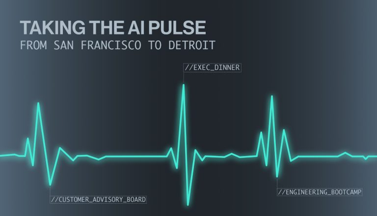 Heartbeat line marking a customer advisory board, exec dinner and engineering bootcamp, titled Taking the AI Pulse