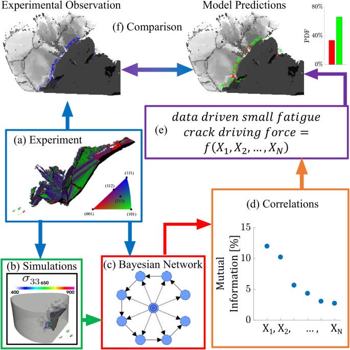 Workflow combining experiments, simulations and a Bayesian network to learn a data-driven small fatigue crack driving force