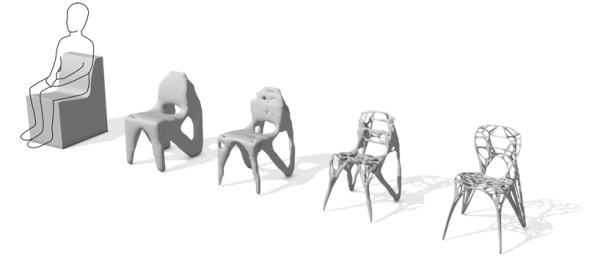 Topology-optimized chair designs evolving from a solid block with seated figure to organic, lattice-like generative forms