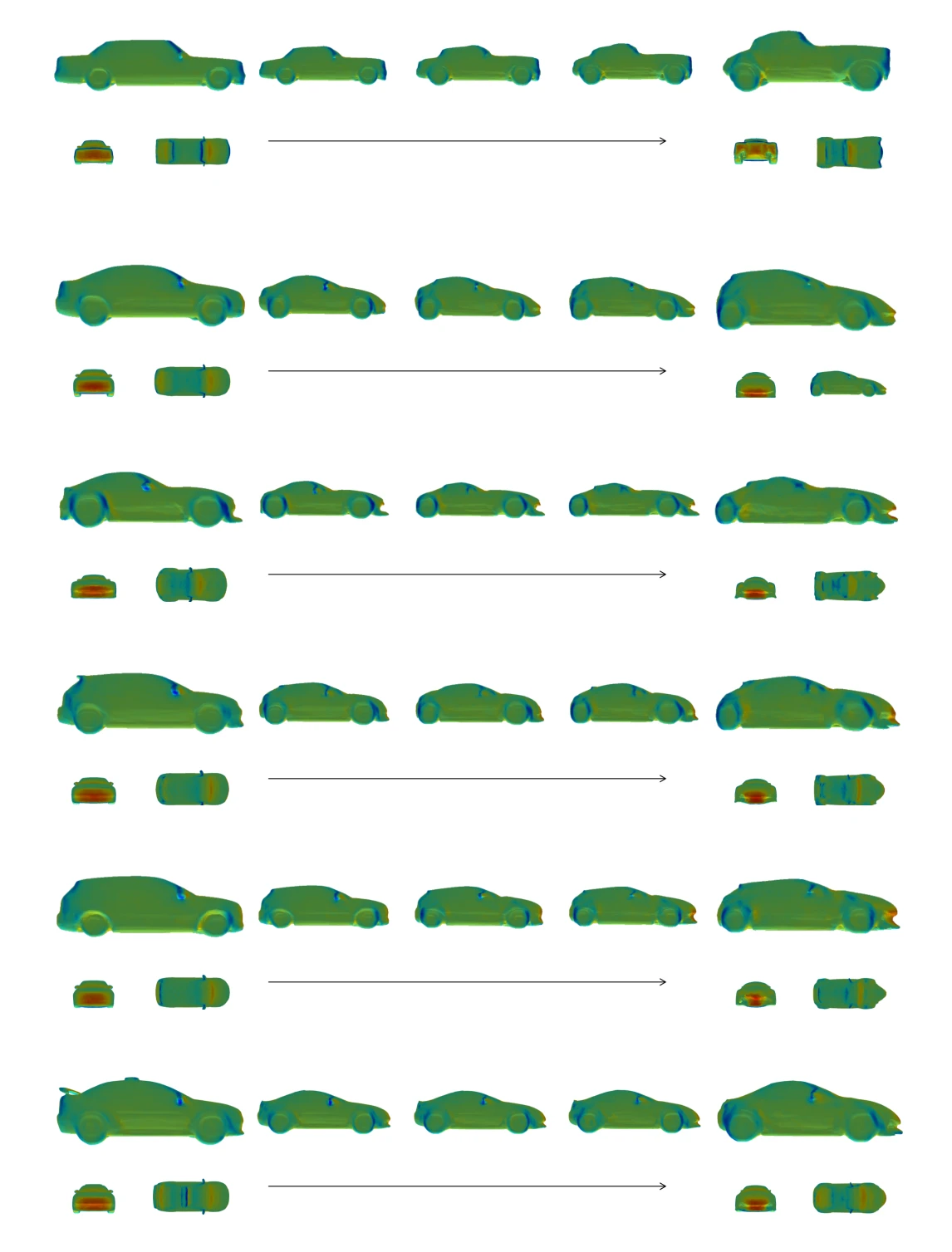 Rows of AI-generated car shapes morphing between body styles, colored by predicted aerodynamic surface fields