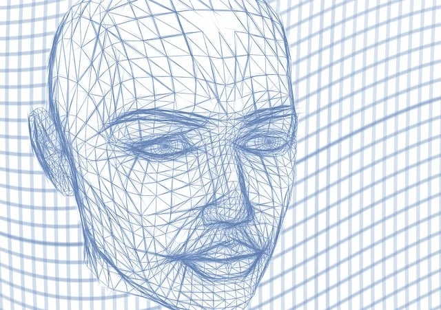 Wireframe mesh of a human face over a grid, a visual metaphor for AI in generative design software