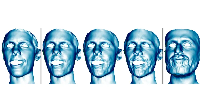 Series of 3D face meshes varying in expression and shape, generated by compositional VAEs