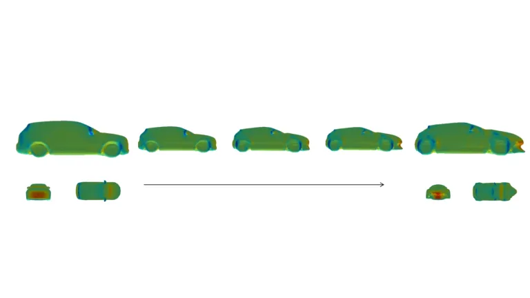 Car shapes morphing from a start to an end design via MeshSDF, colored by predicted surface field