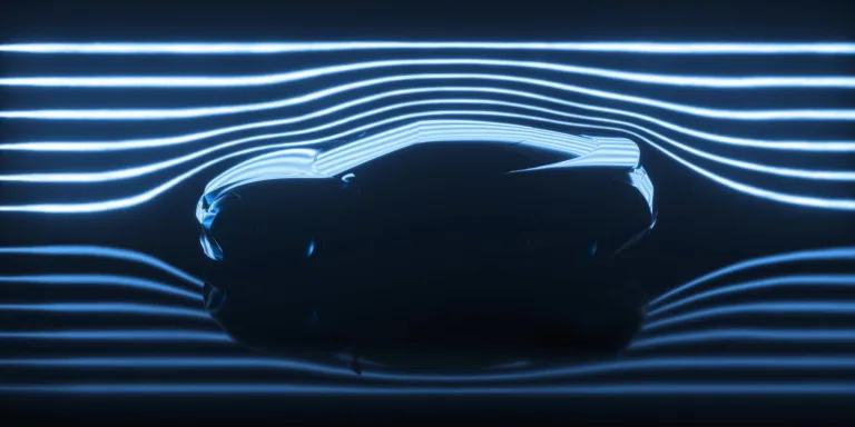 Glowing airflow lines passing around a dark car silhouette, illustrating aerodynamic shape optimization