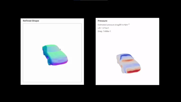 Car shape refined from a sketch next to its predicted pressure field with estimated lift and drag values