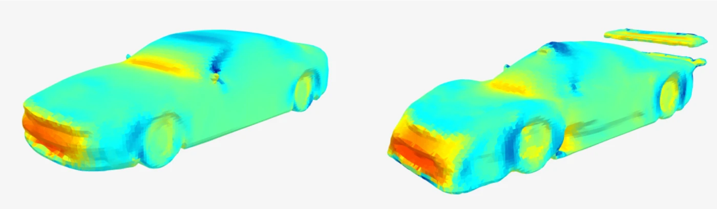 Predicted surface pressure on a car body before and after shape optimization, high pressure in red at the front