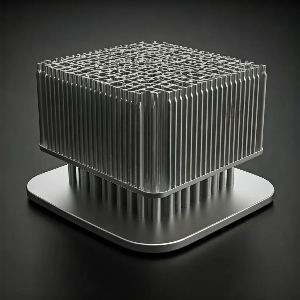 Custom metal 3D-printed heat sink for electronics, with a dense lattice and pin-fin structure on a flat base
