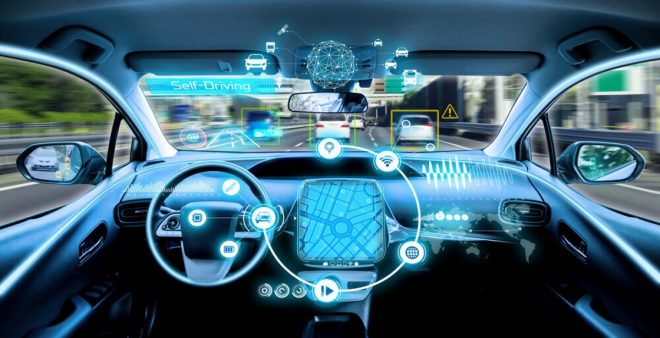 Car cockpit with self-driving overlays tracking vehicles, lanes and navigation, illustrating digital twins for connected cars