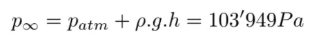 Equation for operating pressure at 27 cm depth: atmospheric plus hydrostatic pressure equals 103,949 Pa