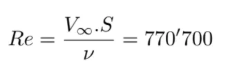 Equation for the foil Reynolds number: freestream velocity times span over kinematic viscosity, Re = 770,700