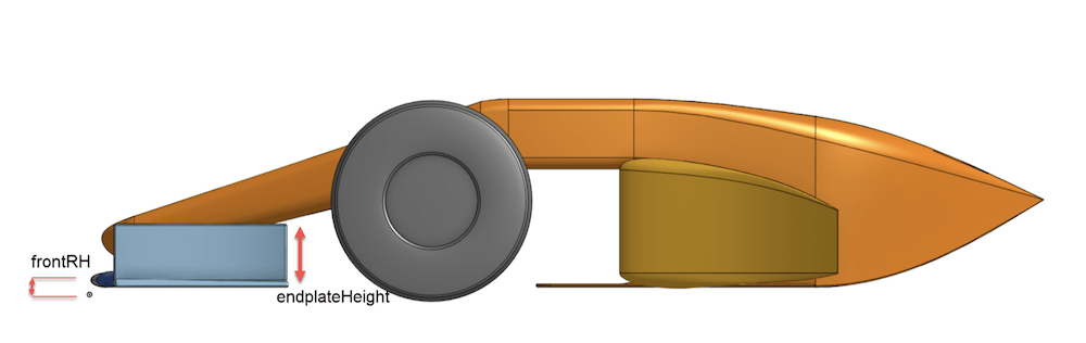 Onshape CAD model showing the nose and front wing element parameters