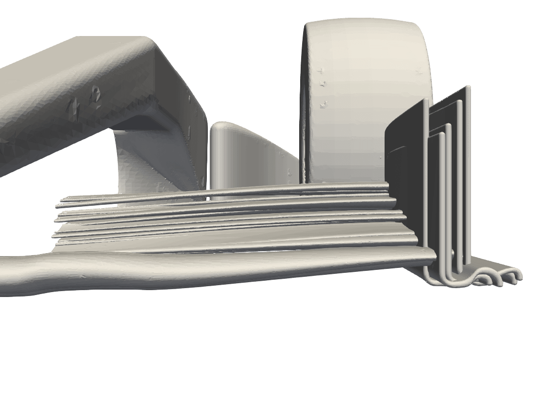 Five randomly sampled front foil geometries overlaid, seen from the front