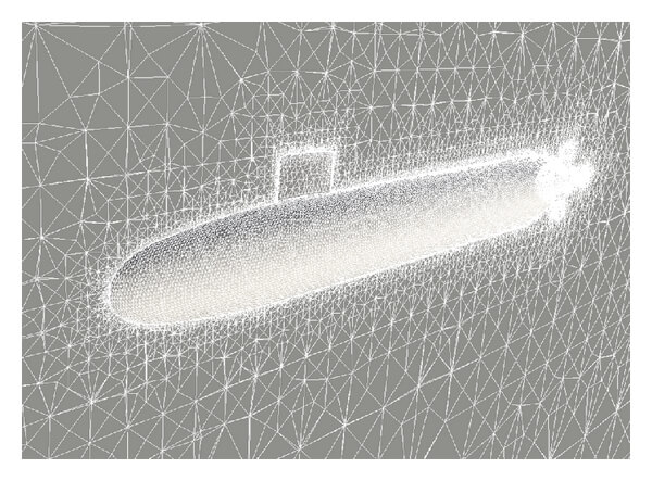 Tetrahedral CFD mesh around the DARPA submarine hull, refined near the body and sail