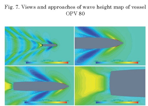 CFD wave height maps around the hull of the OPV 80 offshore patrol vessel, used to study the influence of bulbous bow design