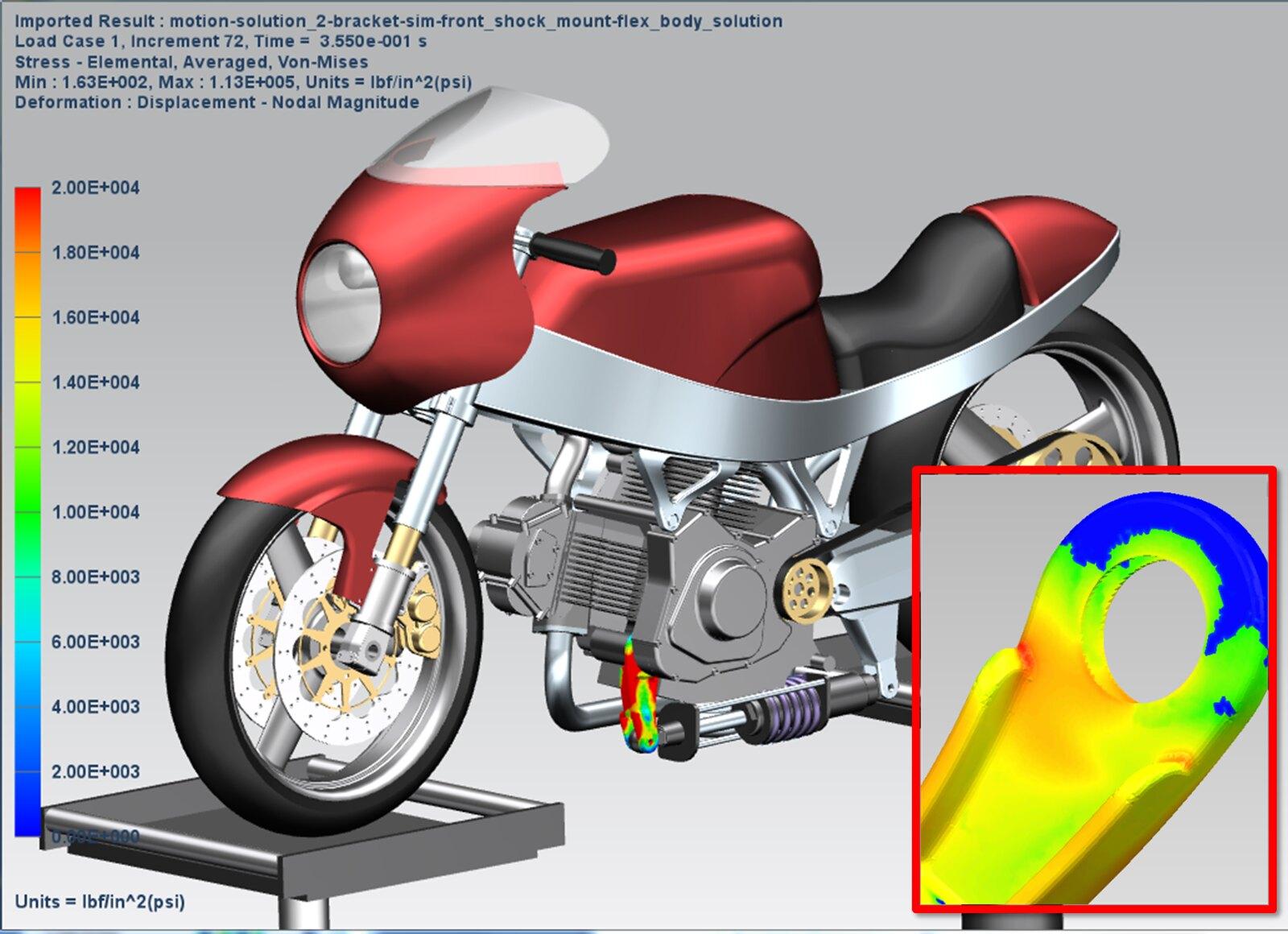 Siemens NX CAE durability analysis of a motorcycle front shock mount bracket, von Mises stress from flexible-body motion
