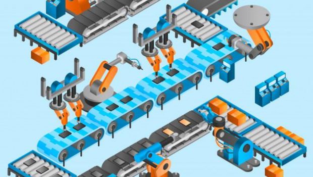 Isometric illustration of an automated production line with robot arms, conveyors and pick-and-place stations