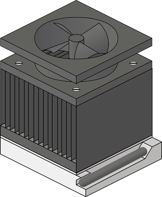 Finned heat sink with an attached cooling fan on an electronic component
