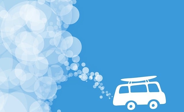 Illustration of a van emitting a cloud of exhaust bubbles, symbolizing vehicle emissions along the supply chain