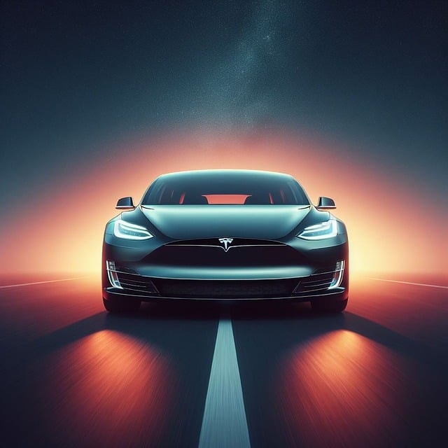 Front view of an electric sedan on a road at dusk, illustrating AI in the automotive sector