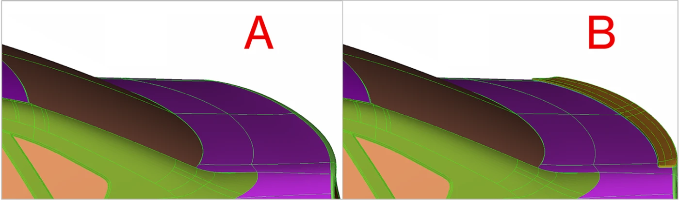 Car rear CAD geometry in datasets A and B, where B adds a rear spoiler for transfer learning