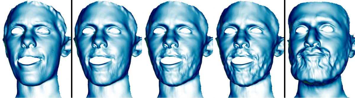 3D face meshes generated by a compositional VAE, from smooth global geometry to fine detail such as wrinkles and a beard