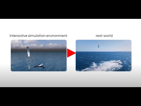Side-by-side of a kite-driven hydrofoil in an interactive simulation environment and the same craft in real-world sea trials