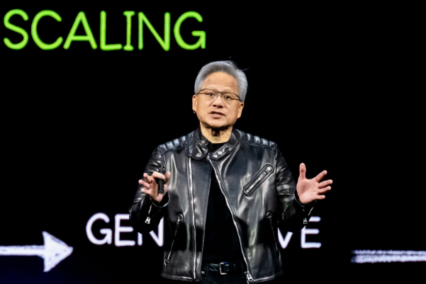 Jensen Huang, CEO of NVIDIA, speaking on stage during his keynote address