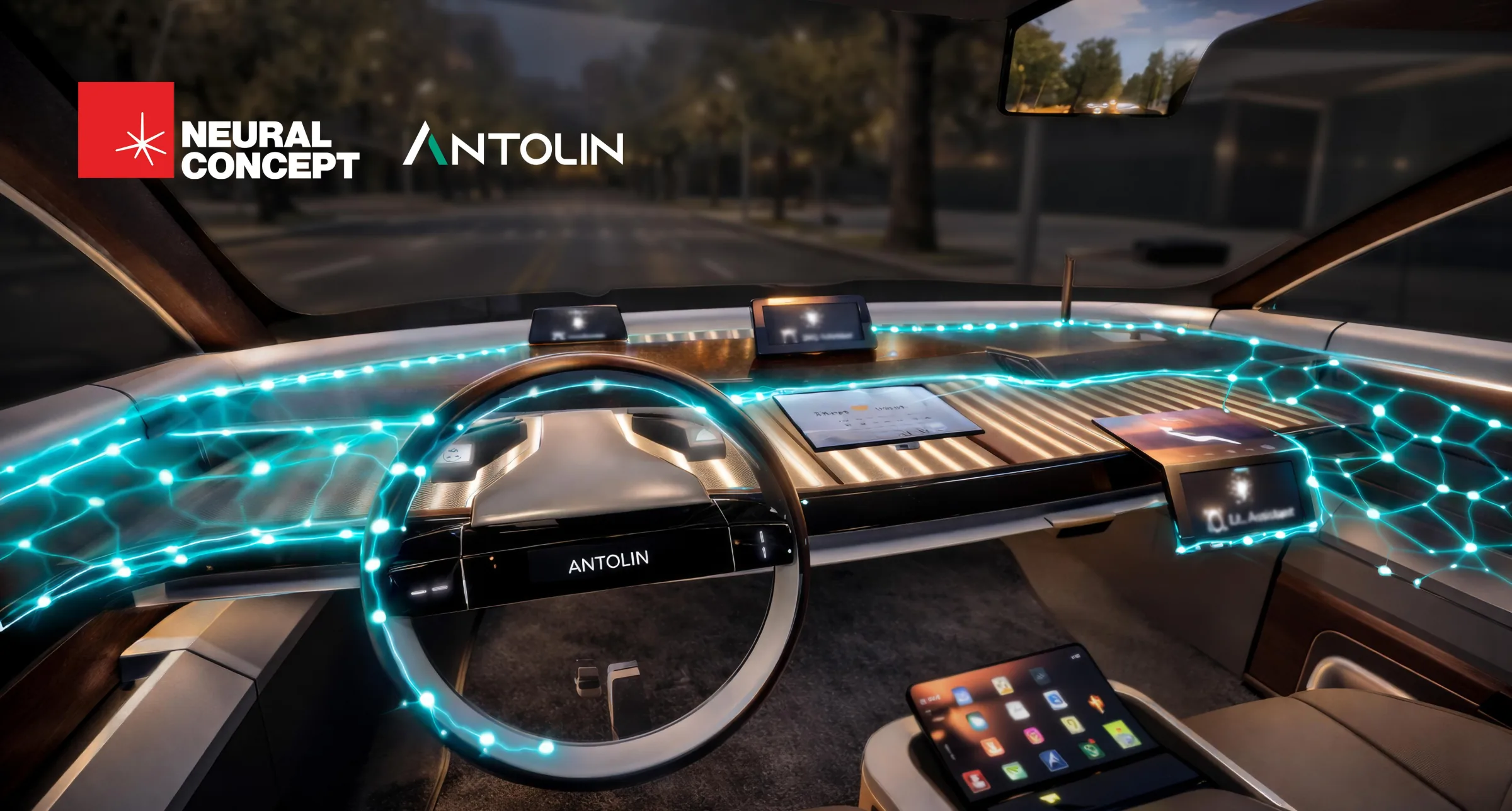 Neural Concept and Antolin logos above an illuminated car interior