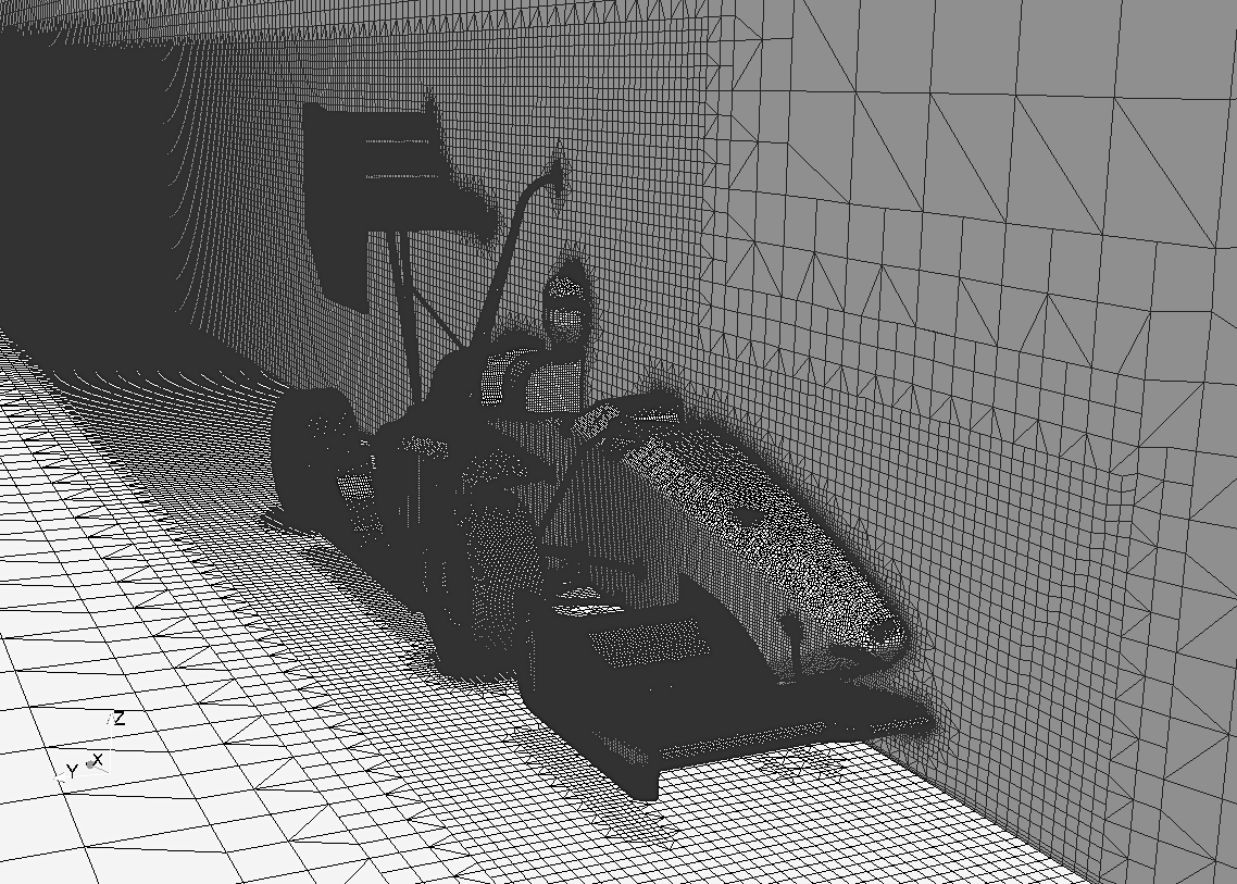 CFD volume mesh around a Formula Student car, refined near the aerodynamic surfaces